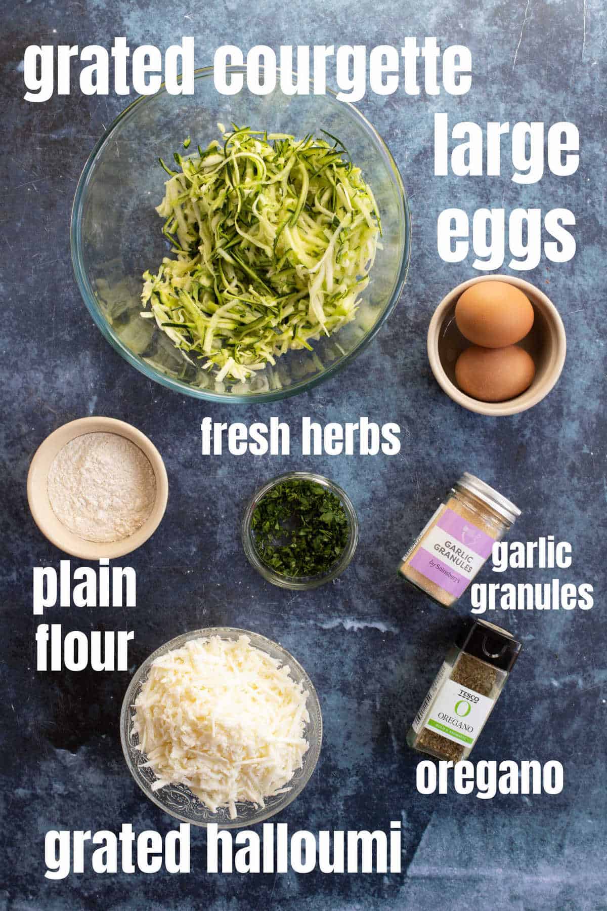 Ingredients for courgette fritters.