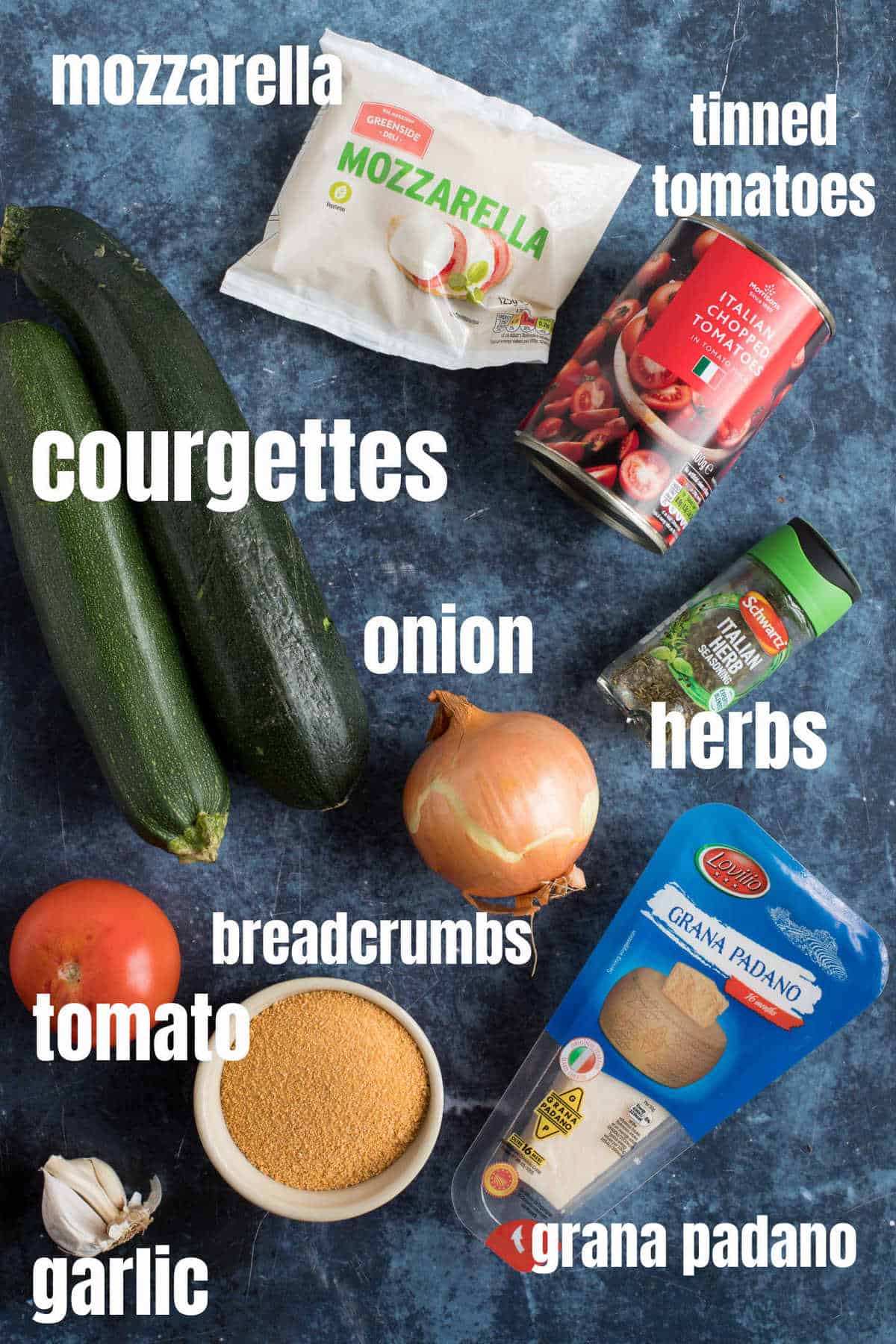 Ingredients needed for the courgette and tomato gratin.