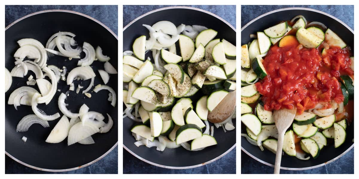 Step by step instructions for making the cheesy courgette and tomato bake.