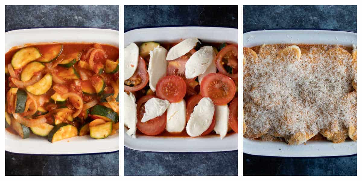 Step by step instructions for making the cheesy courgette and tomato bake part 2.