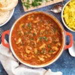 Prawn bhuna with rice and naan bread.