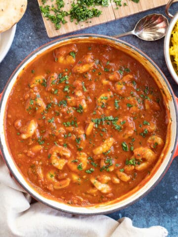 Prawn bhuna with rice and naan bread.