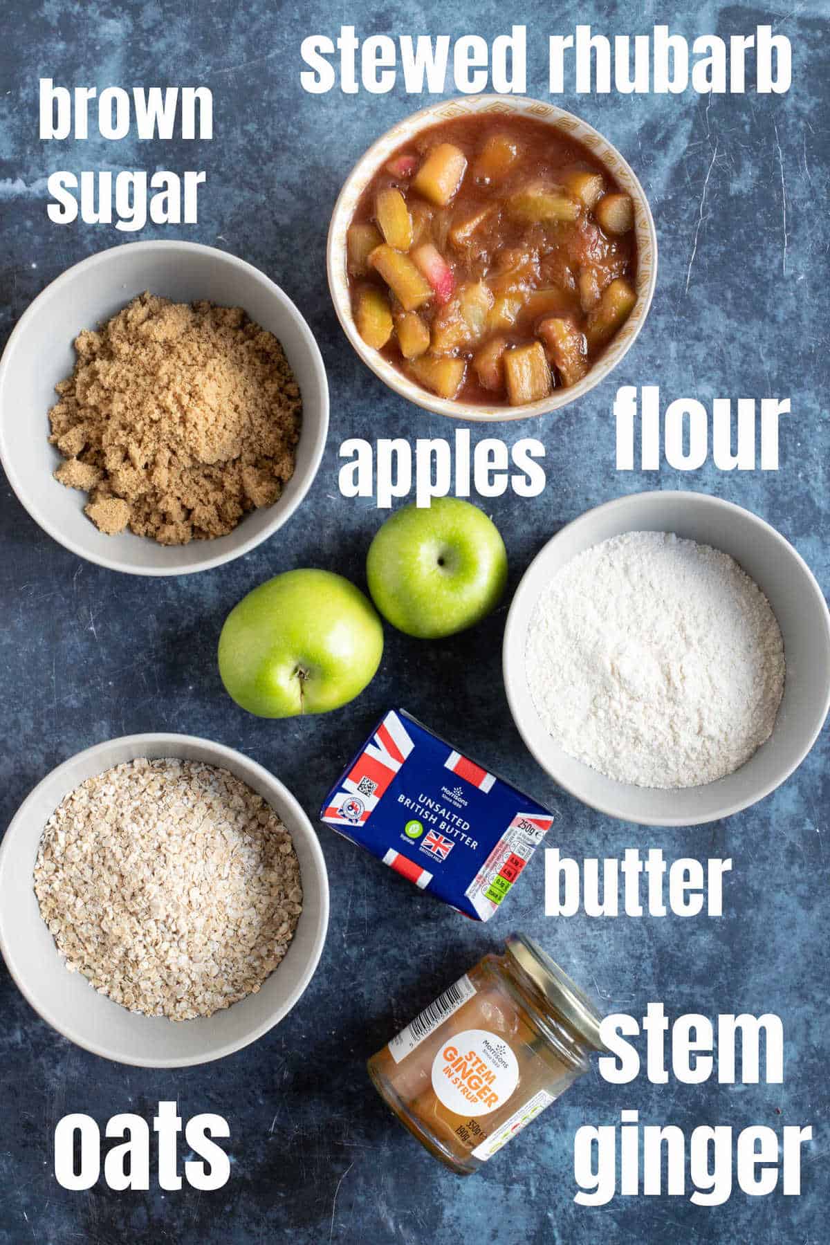 Ingredients for rhubarb and ginger crumble.