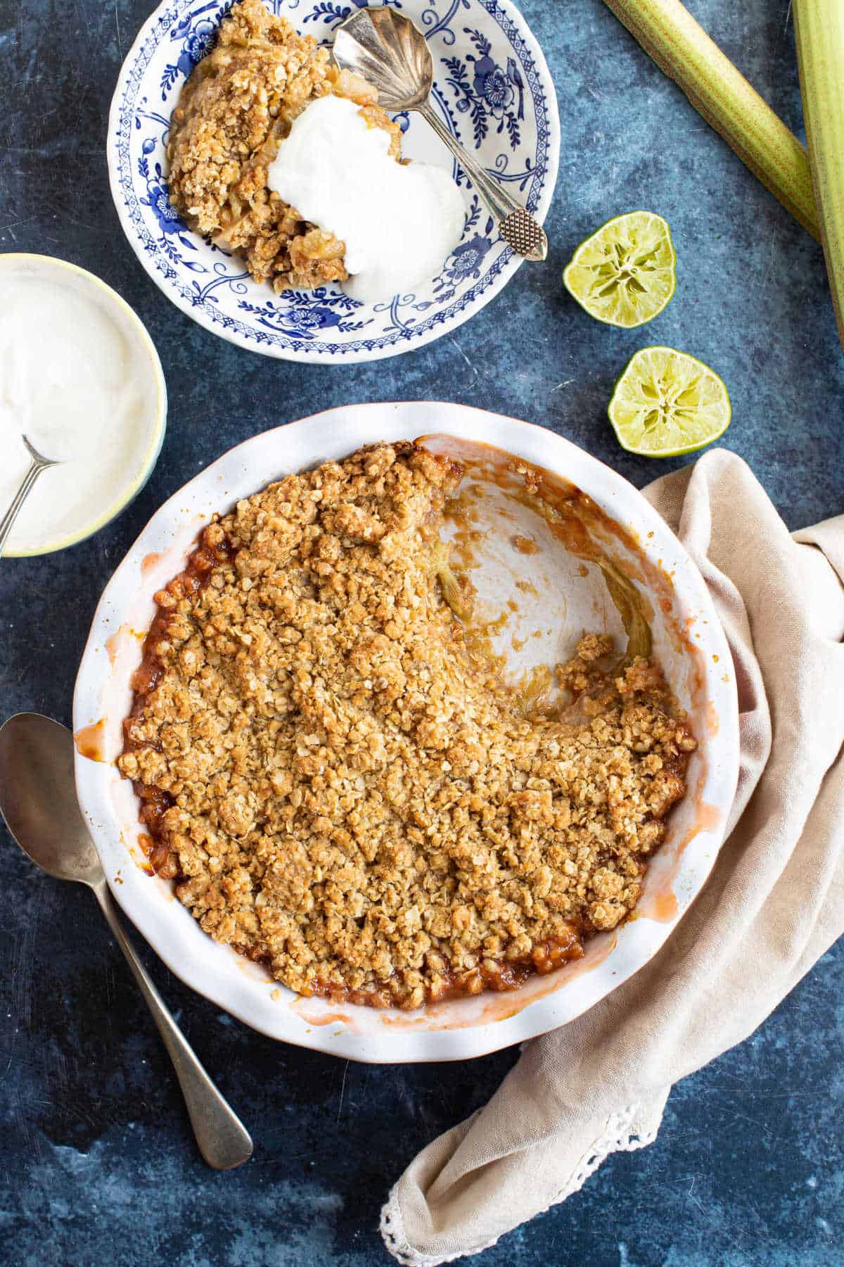 Rhubarb and ginger crumble served with cream.