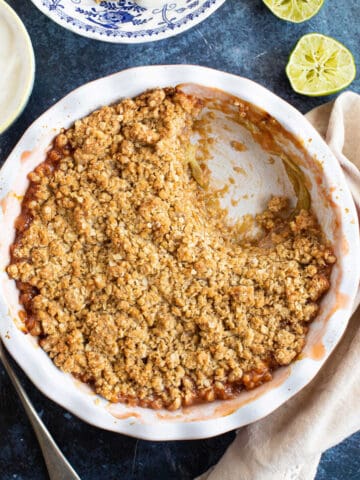 Rhubarb and ginger crumble in a pie dish.