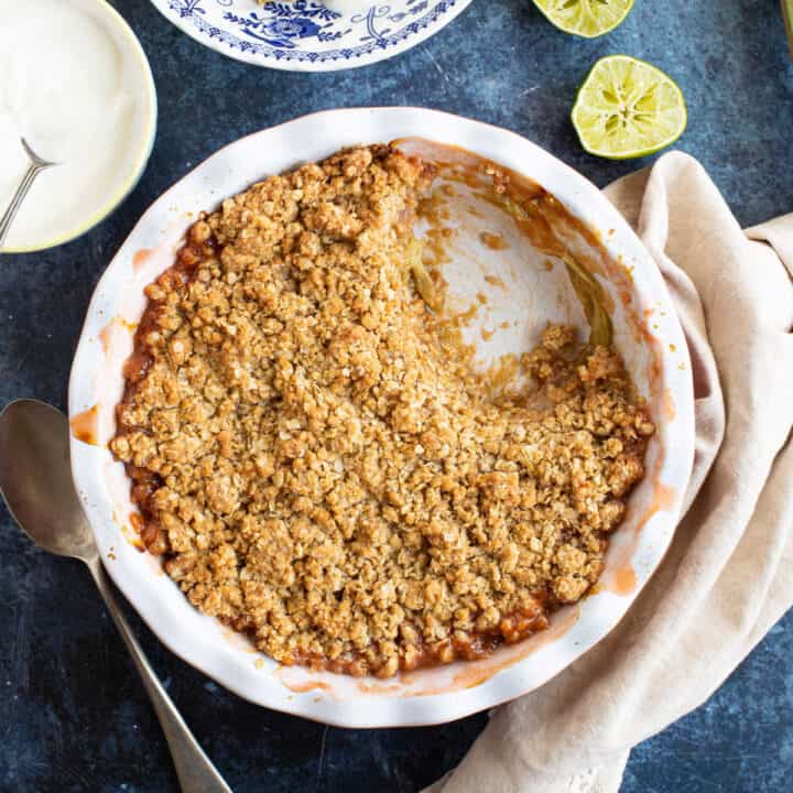 Rhubarb and ginger crumble in a pie dish.