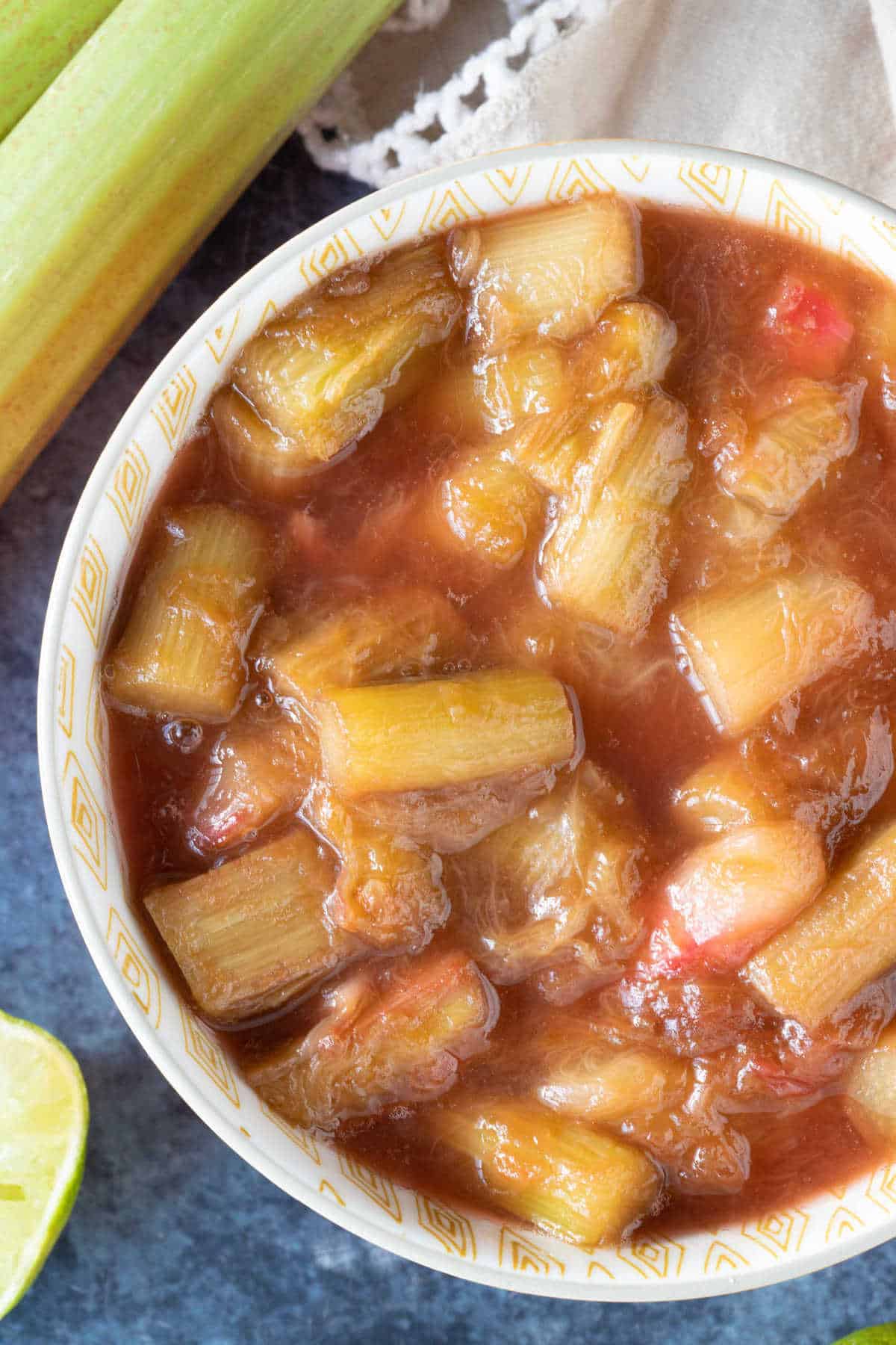 Stewed rhubarb in a bowl.