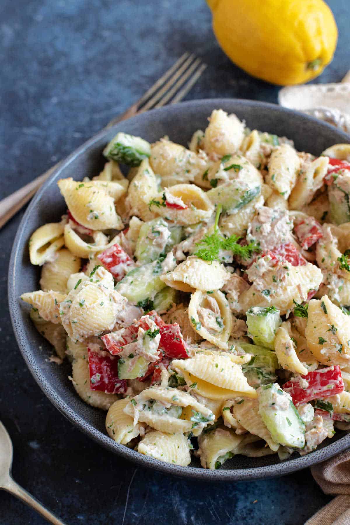 A bowl of tuna mayo pasta salad.