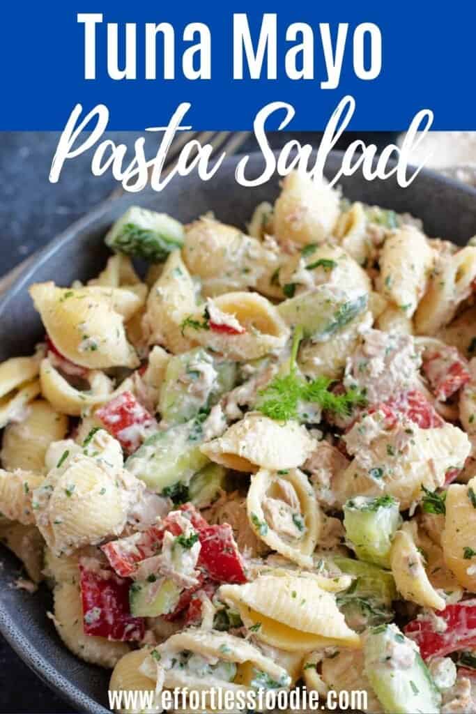 Tuna pasta salad pin image with text overlay.