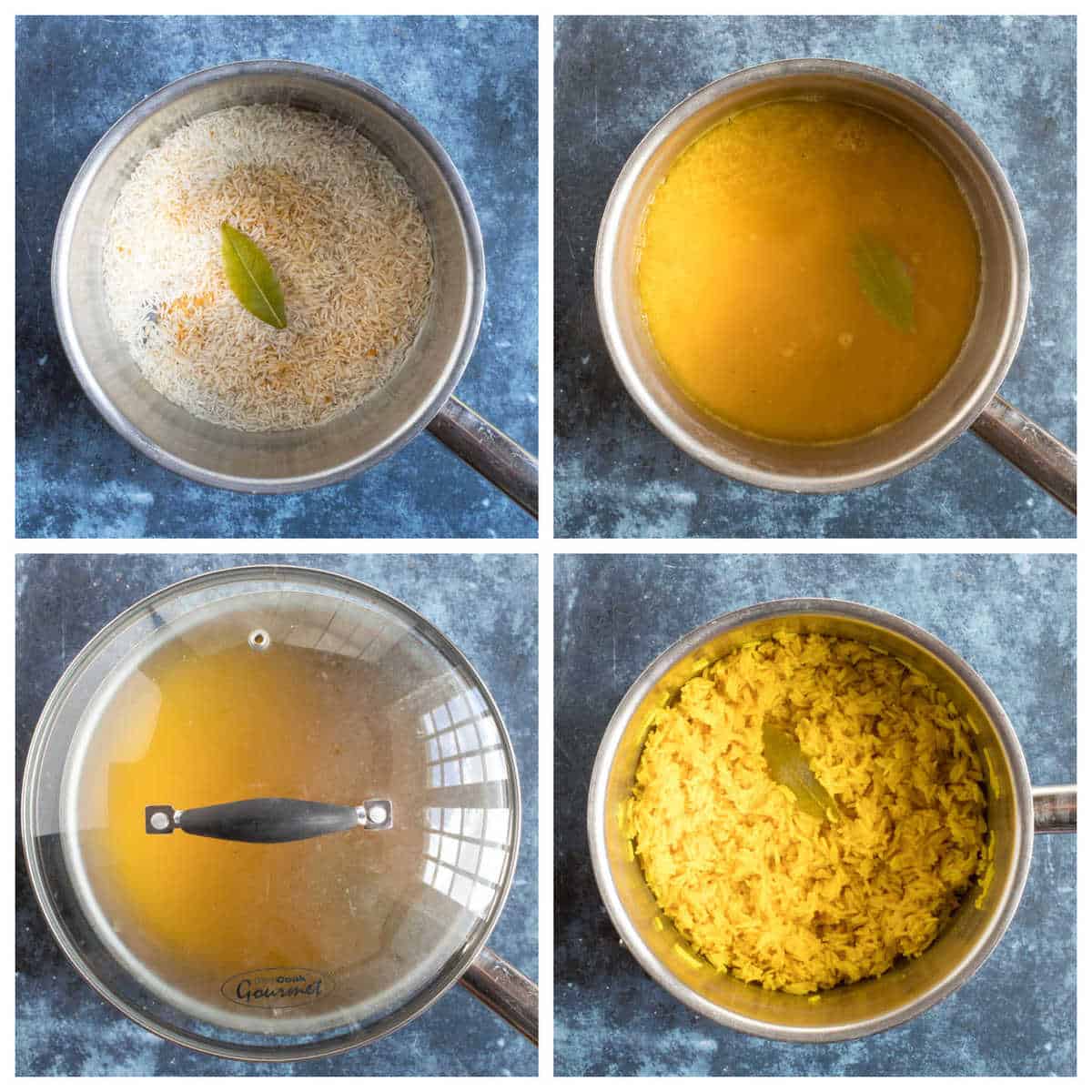 Step by step photo instructions for making turmeric rice