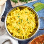 Turmeric rice with chopped coriander.