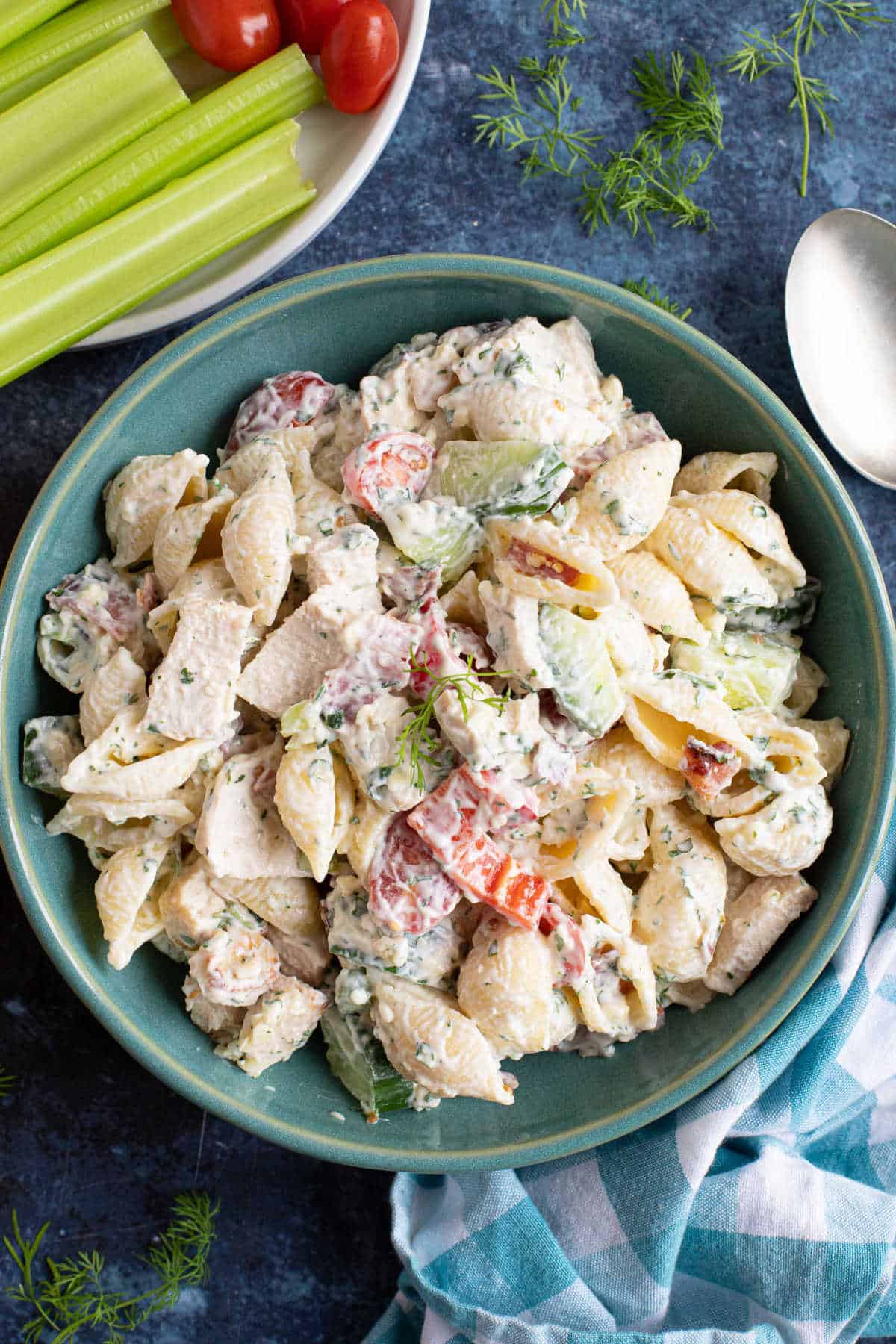Chicken bacon ranch pasta salad in a serving dish.