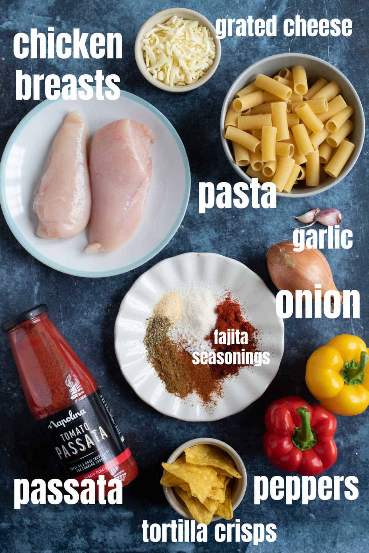 Ingredients for chicken fajita pasta bake.