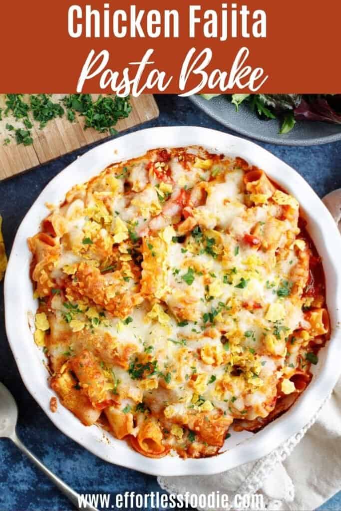 fajita pasta bake pin image.