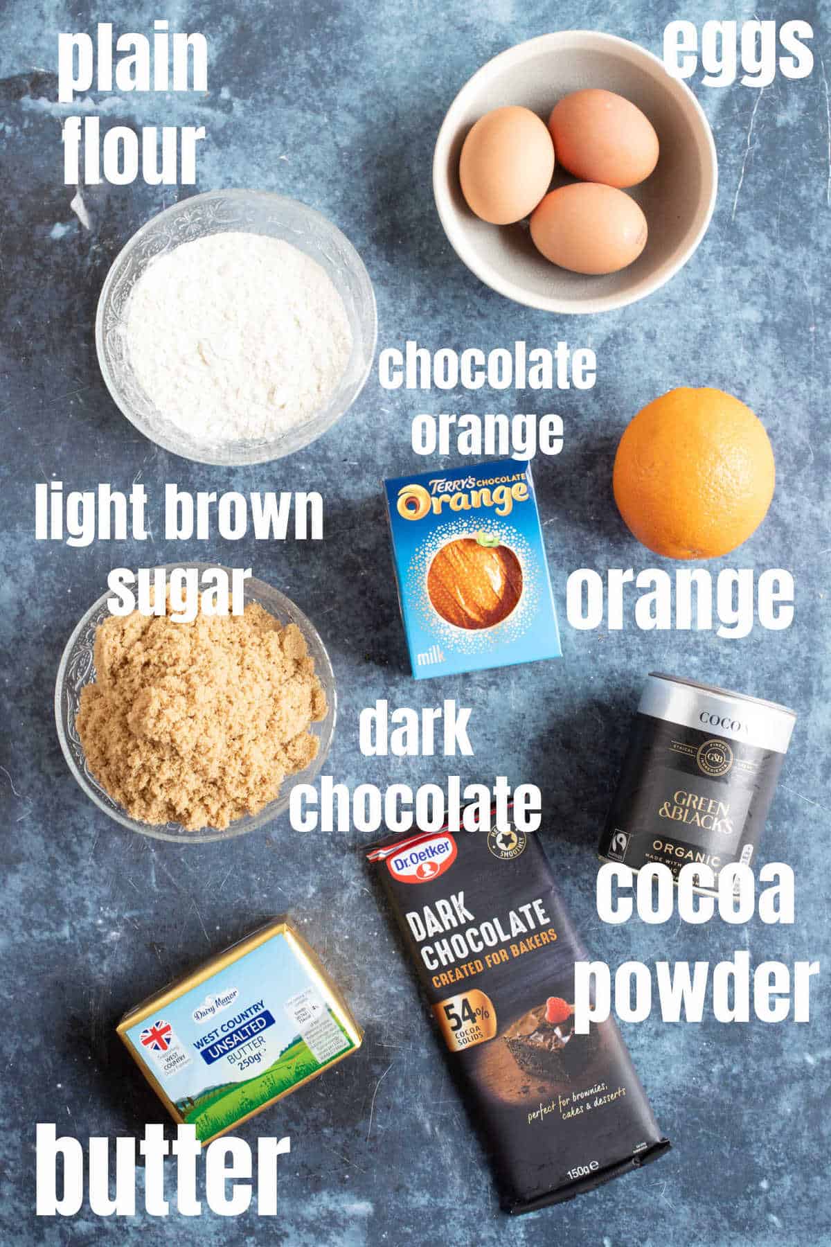 Ingredients needed for the Terry's chocolate orange brownies.