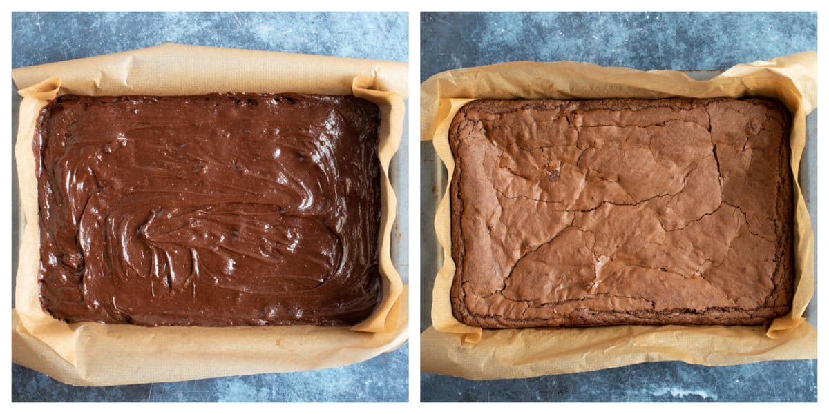 Chocolate orange brownies in baking tin.