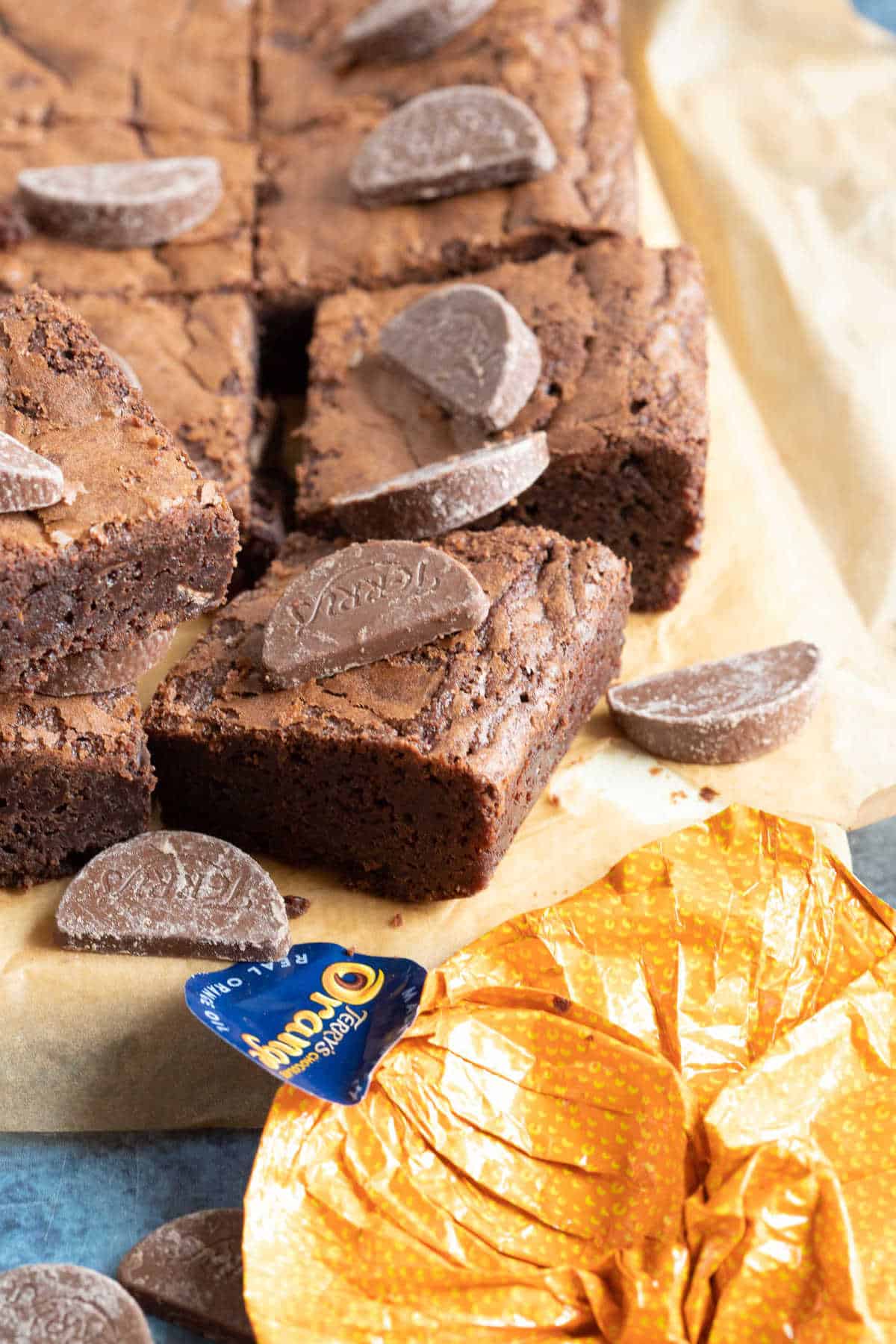 Terry's chocolate orange brownies cut into bars and topped with chocolate orange minis.