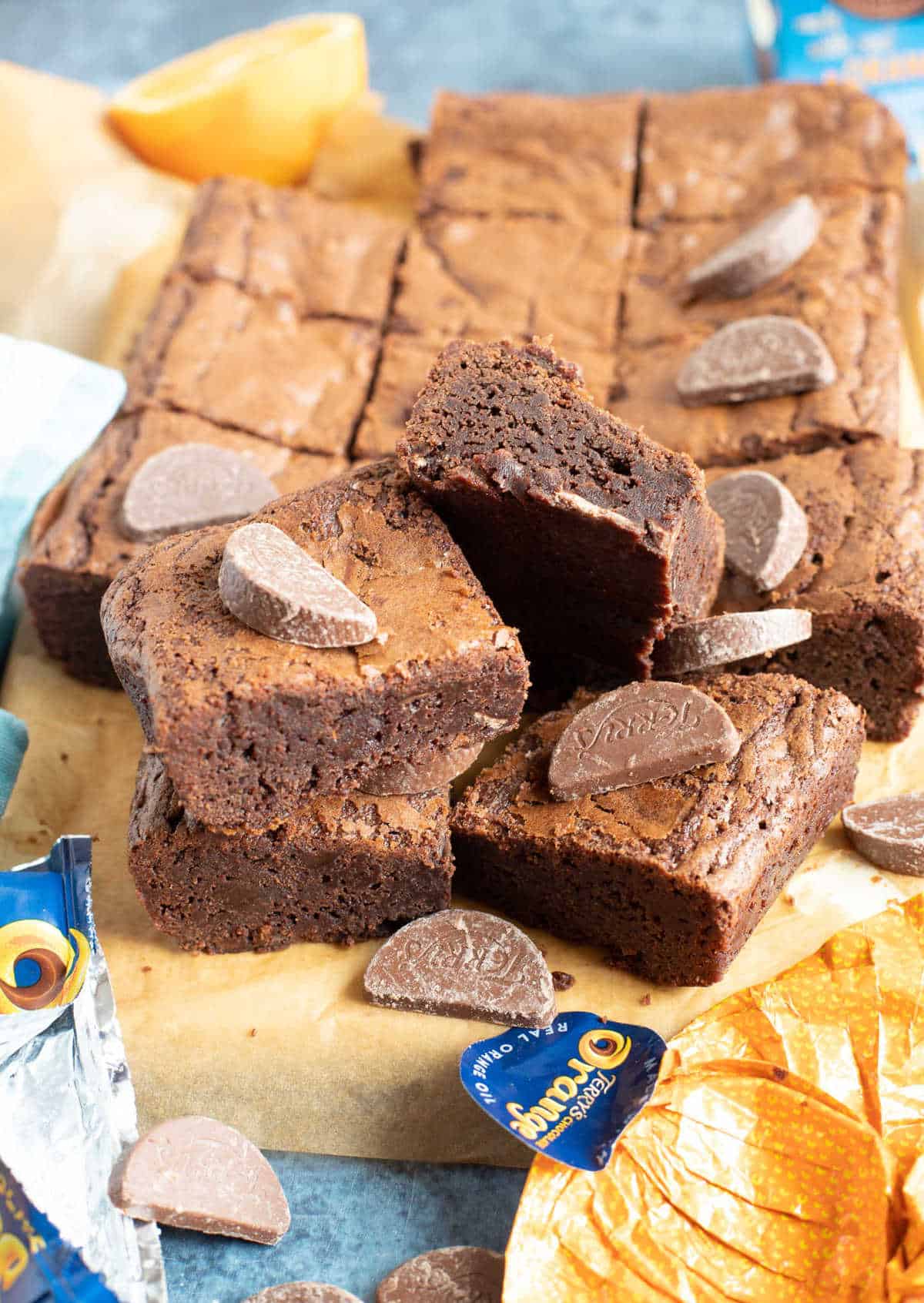 Chocolate orange brownies sliced into bars.