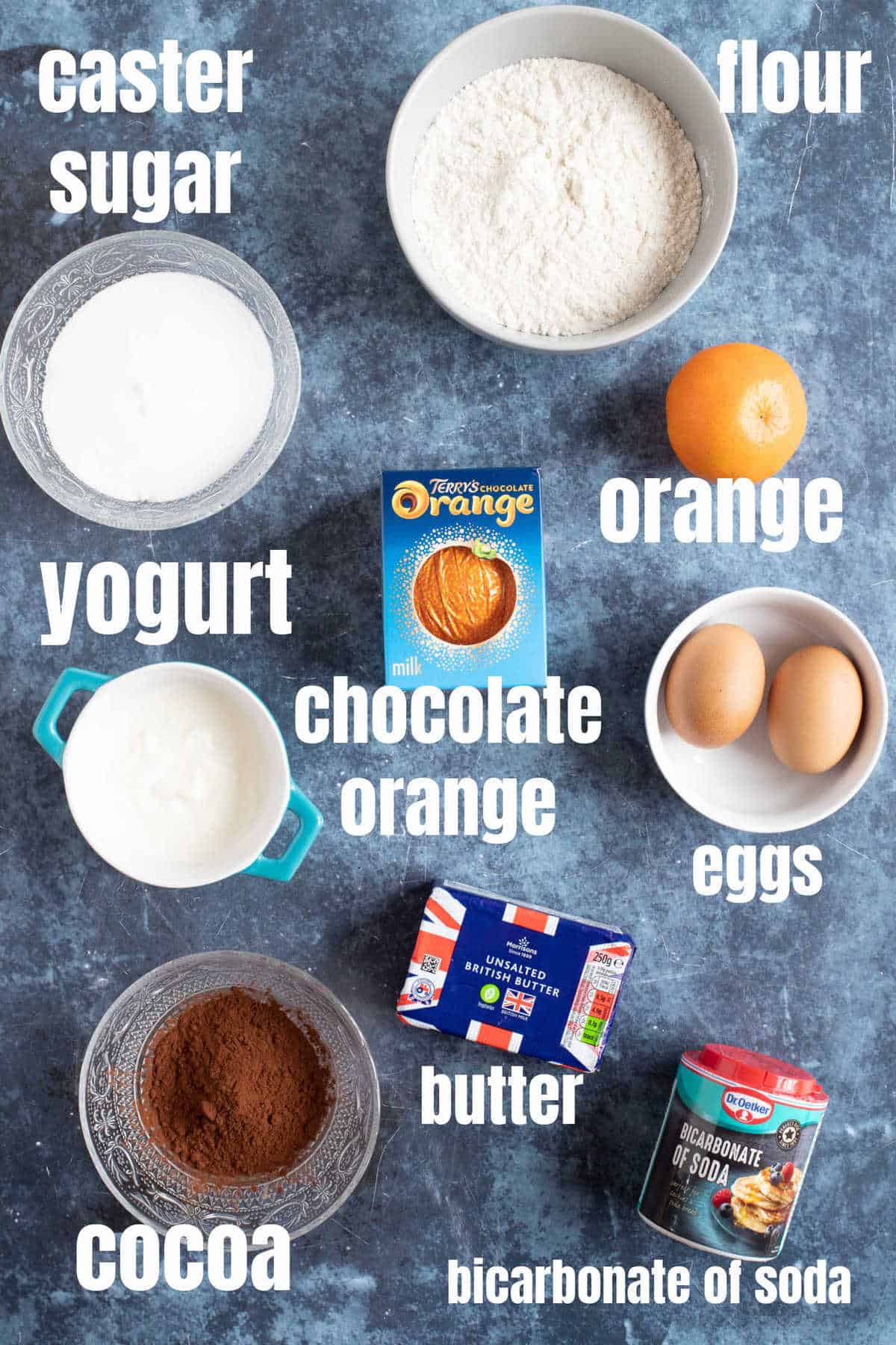 Ingredients for chocolate orange muffins.