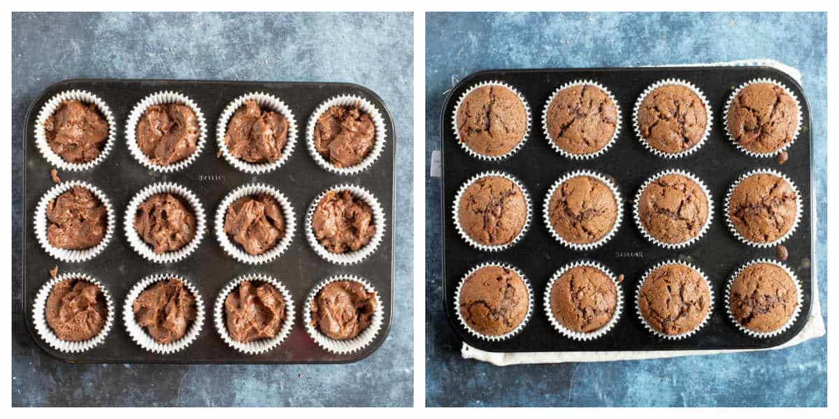 Chocolate Muffins in a muffin tin.