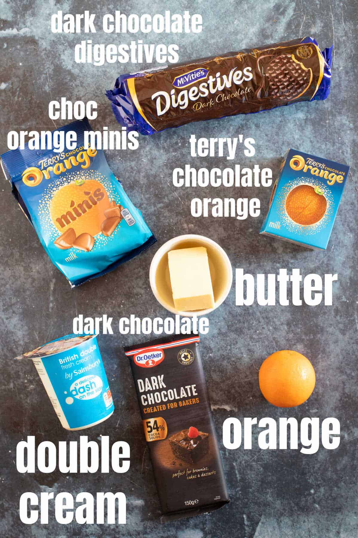 Ingredients for no -bake chocolate orange tarts.