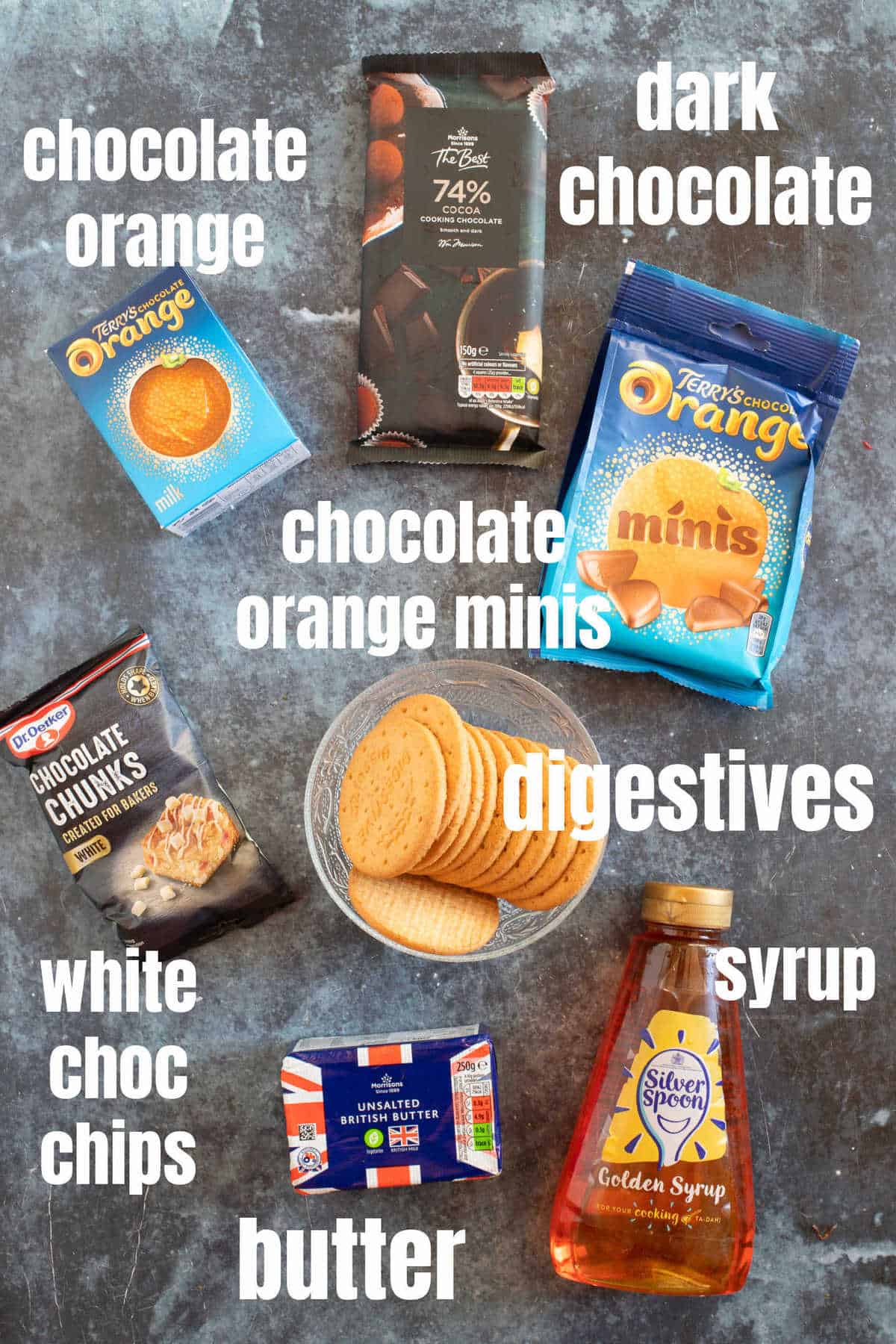 Ingredients for chocolate orange tiffin.