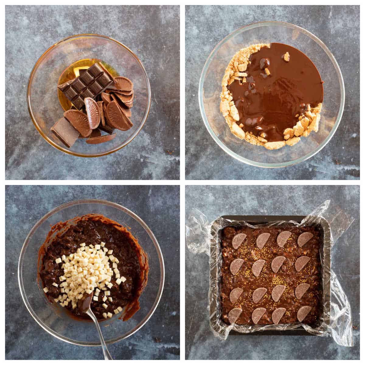 Step by step  photo instructions for making chocolate orange tiffin.