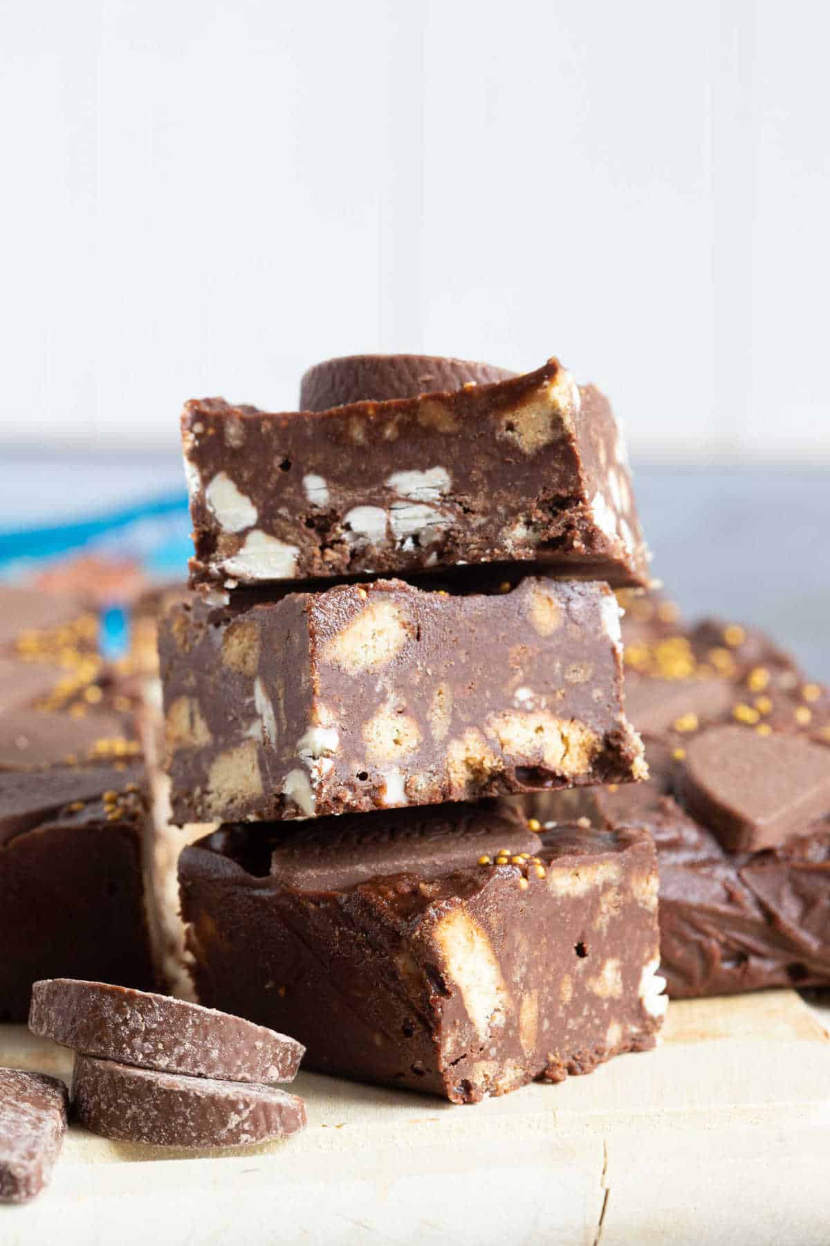 A stack of no-bake  chocolate orange tiffin slices.