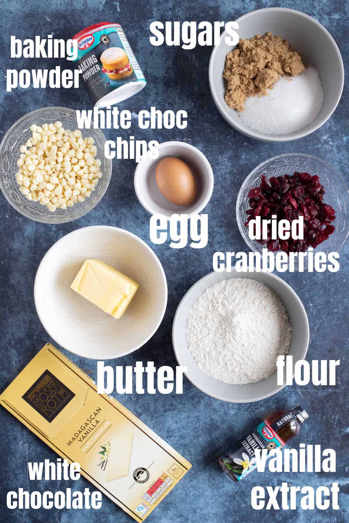 Ingredients needed to make white chocolate cranberry blondies.