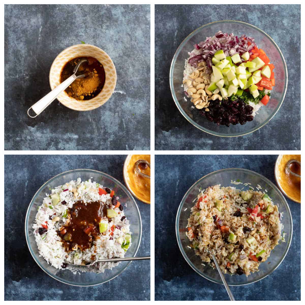 Step by step photo collage showing how to make the easy rice salad.