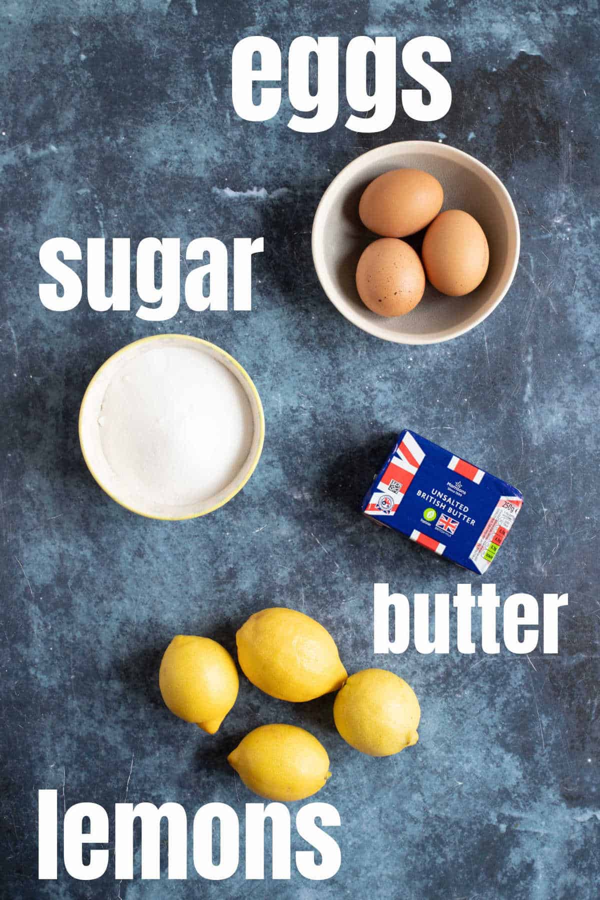 Ingredients needed to make microwave lemon curd.