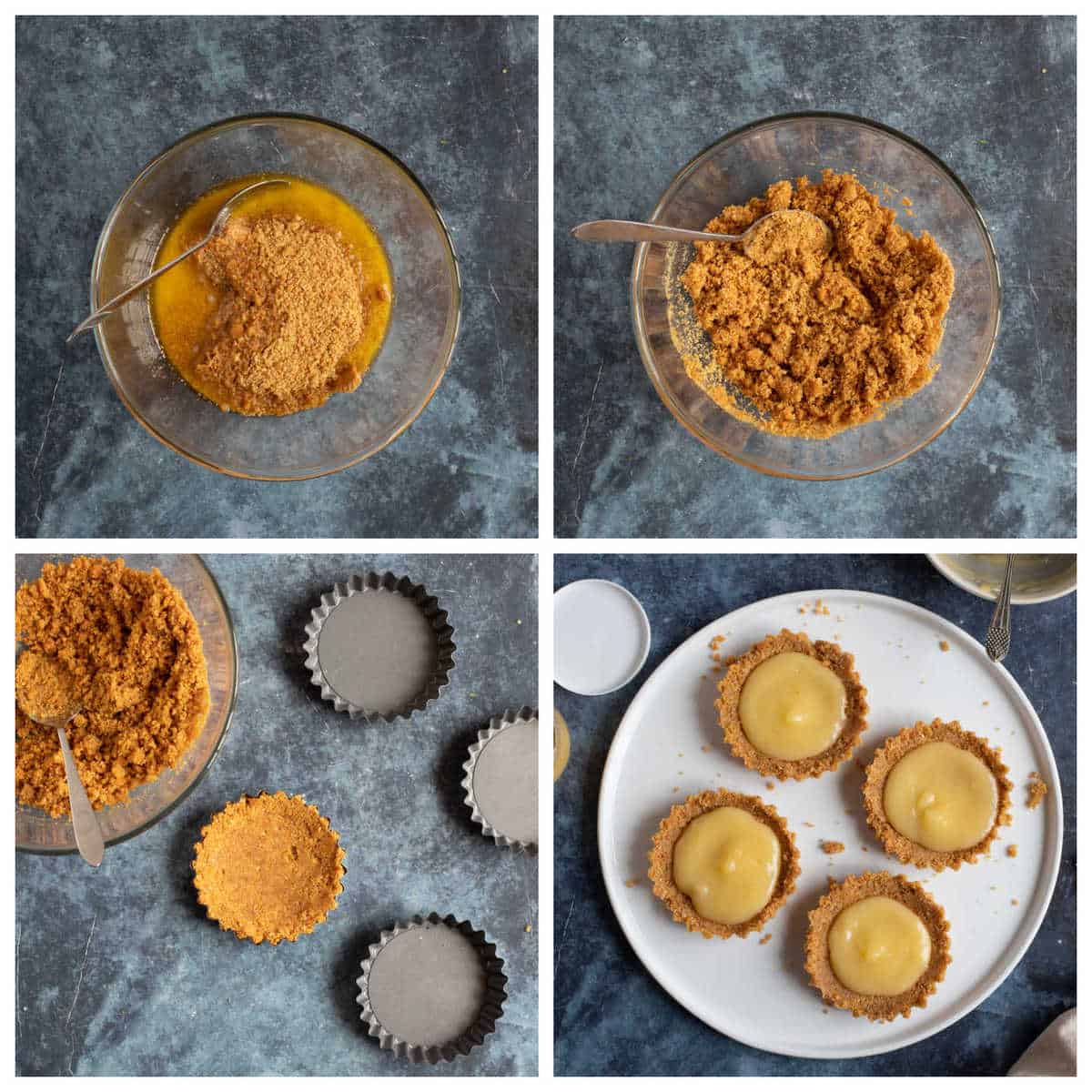 Step by step photo instructions for making the lemon curd tartlets.