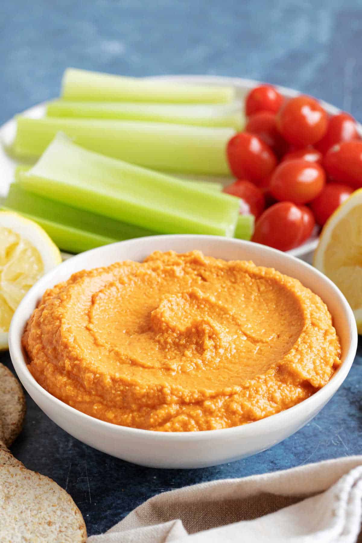 A small of red pepper hummus.