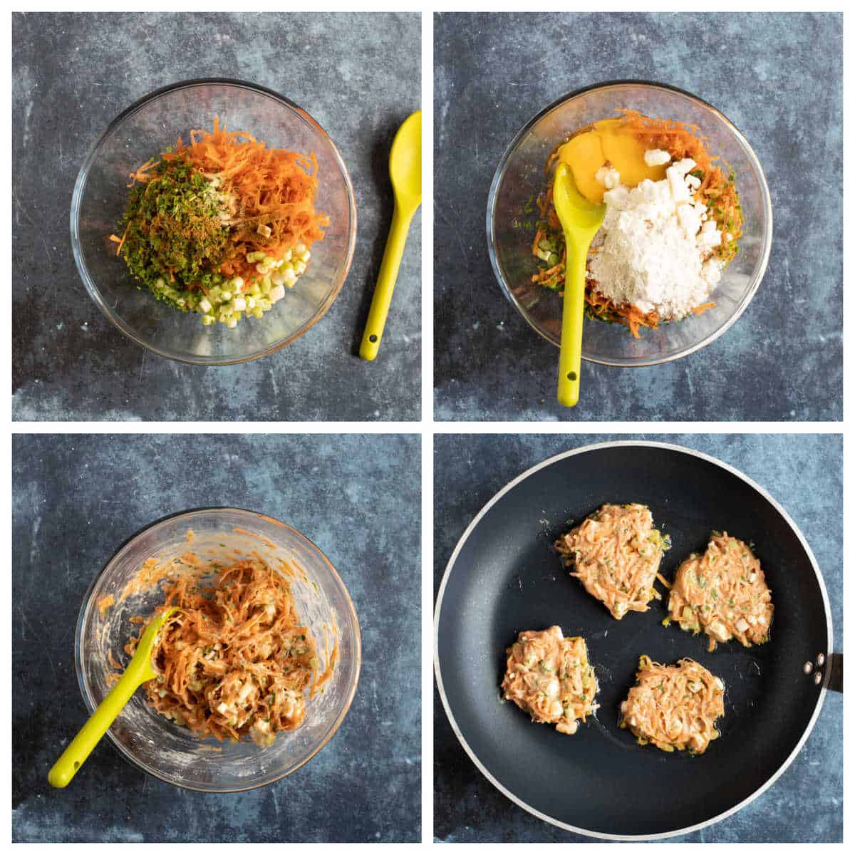 Step by step photo instructions for making carrot fritters.