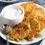 Carrot and feta fritters with a sour cream dip.