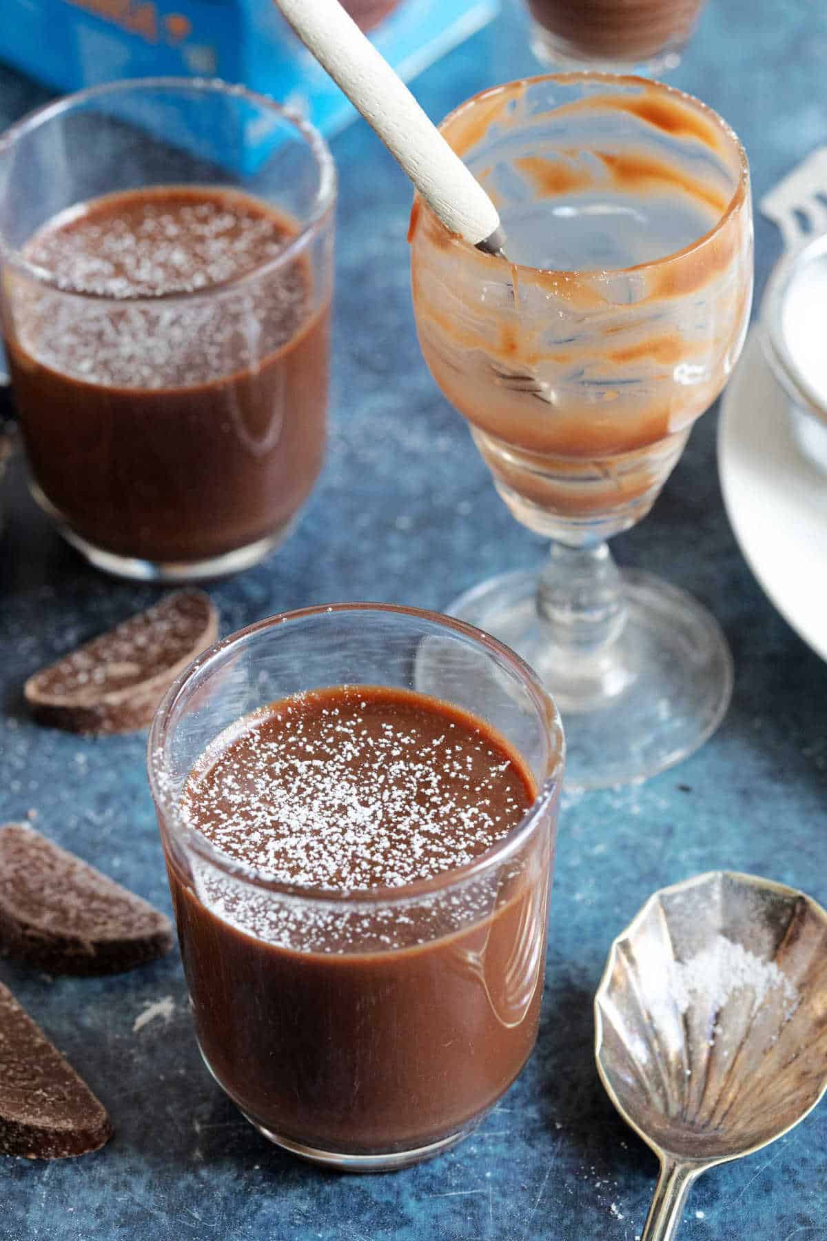 Chocolate orange ganache pots in shot glasses.