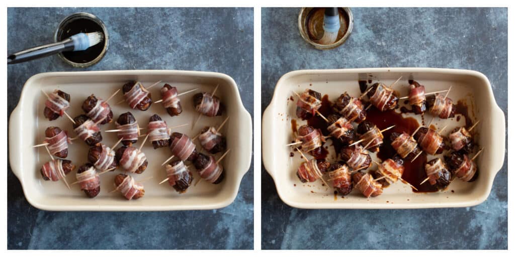 Bacon wrapped prunes in a baking dish.