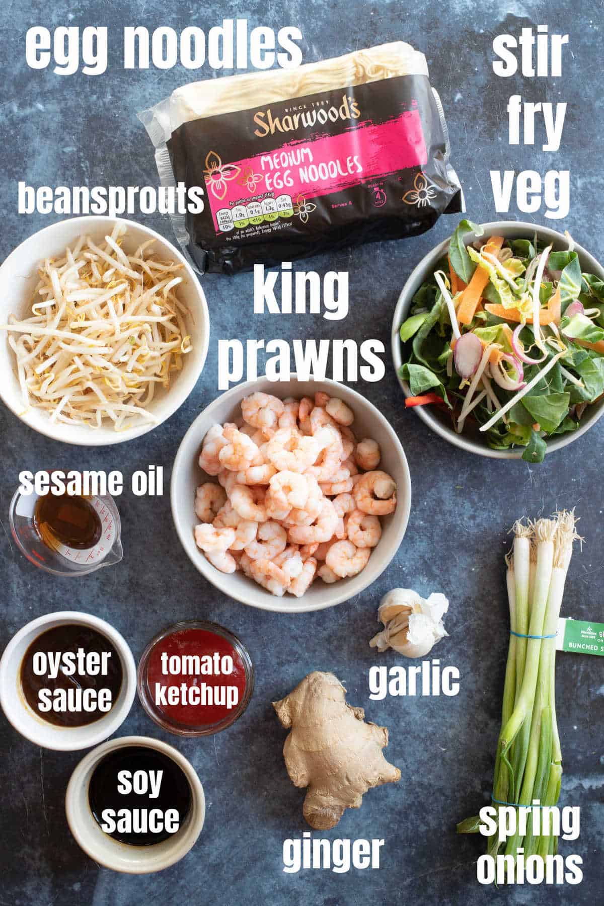 Ingredients for making prawn chow mein.