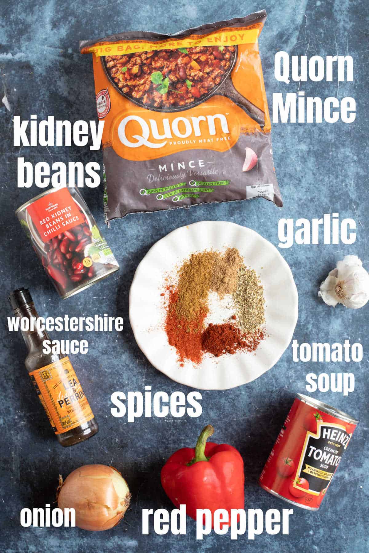 Ingredients for Quorn chilli con carne.