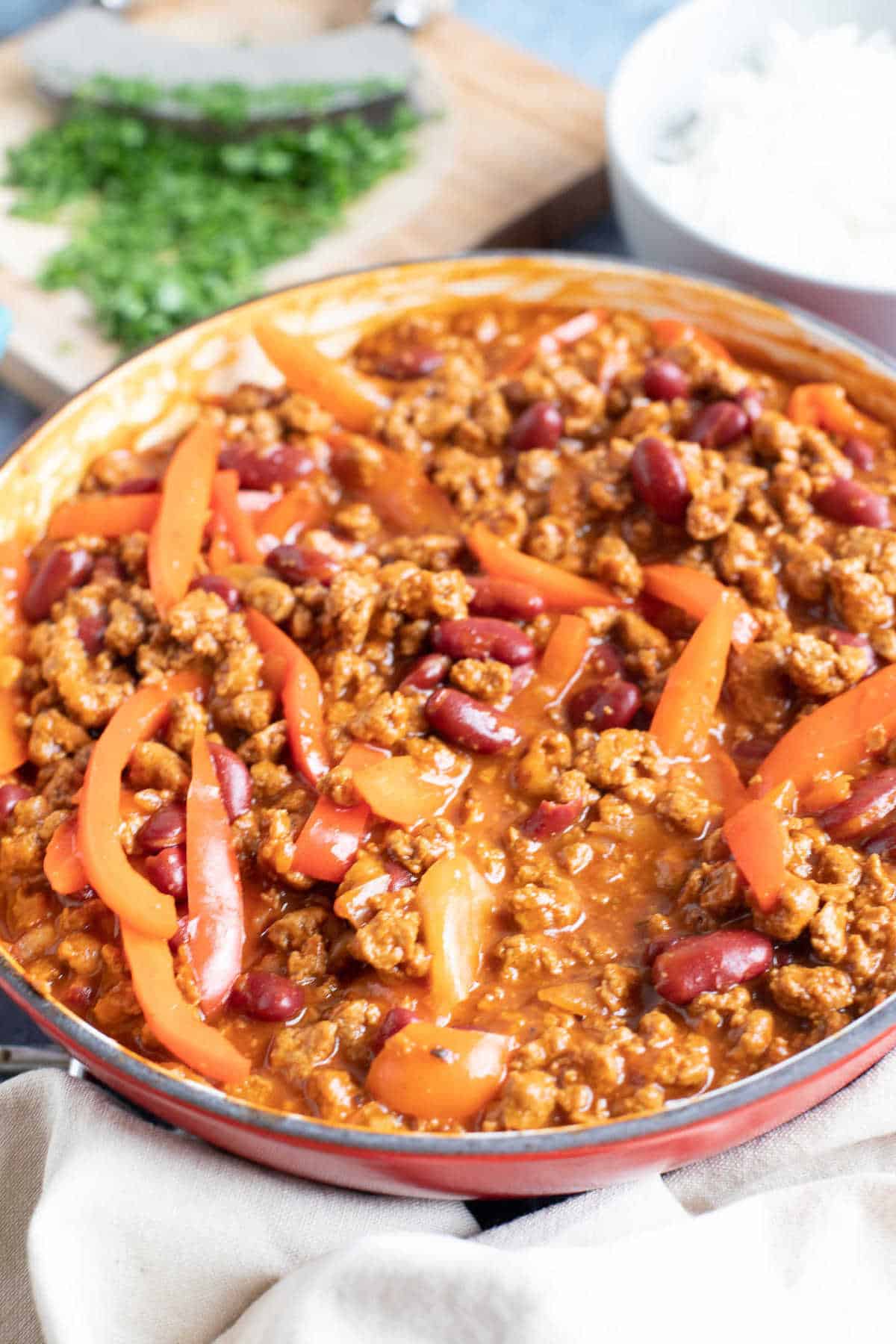 Quorn chilli con carne in a red pan.