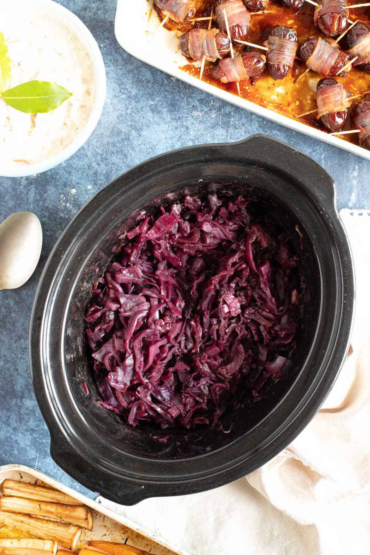Red cabbage in a slow cooker basin.