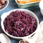 Slow cooker red cabbage in a serving dish.