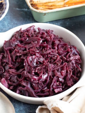 Slow cooker red cabbage in a serving dish.