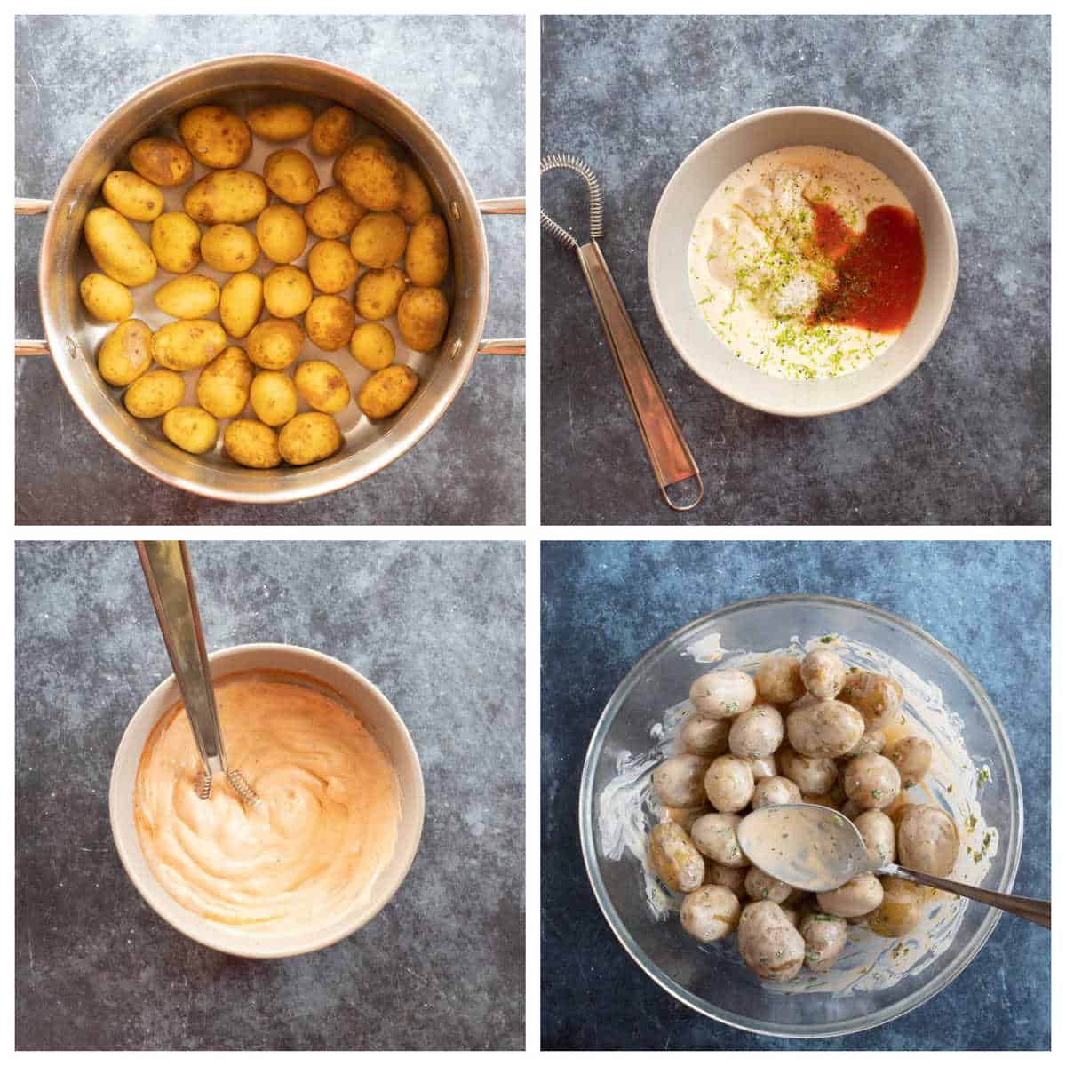 Step by step instructions for making the spicy potato salad with baby potatoes.