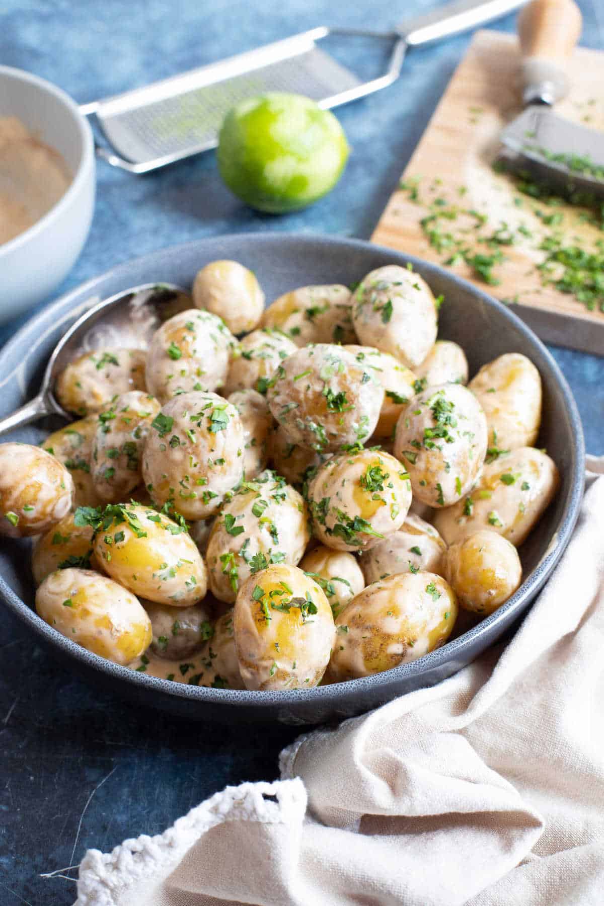 Easy baby potato salad with a spicy dressing.