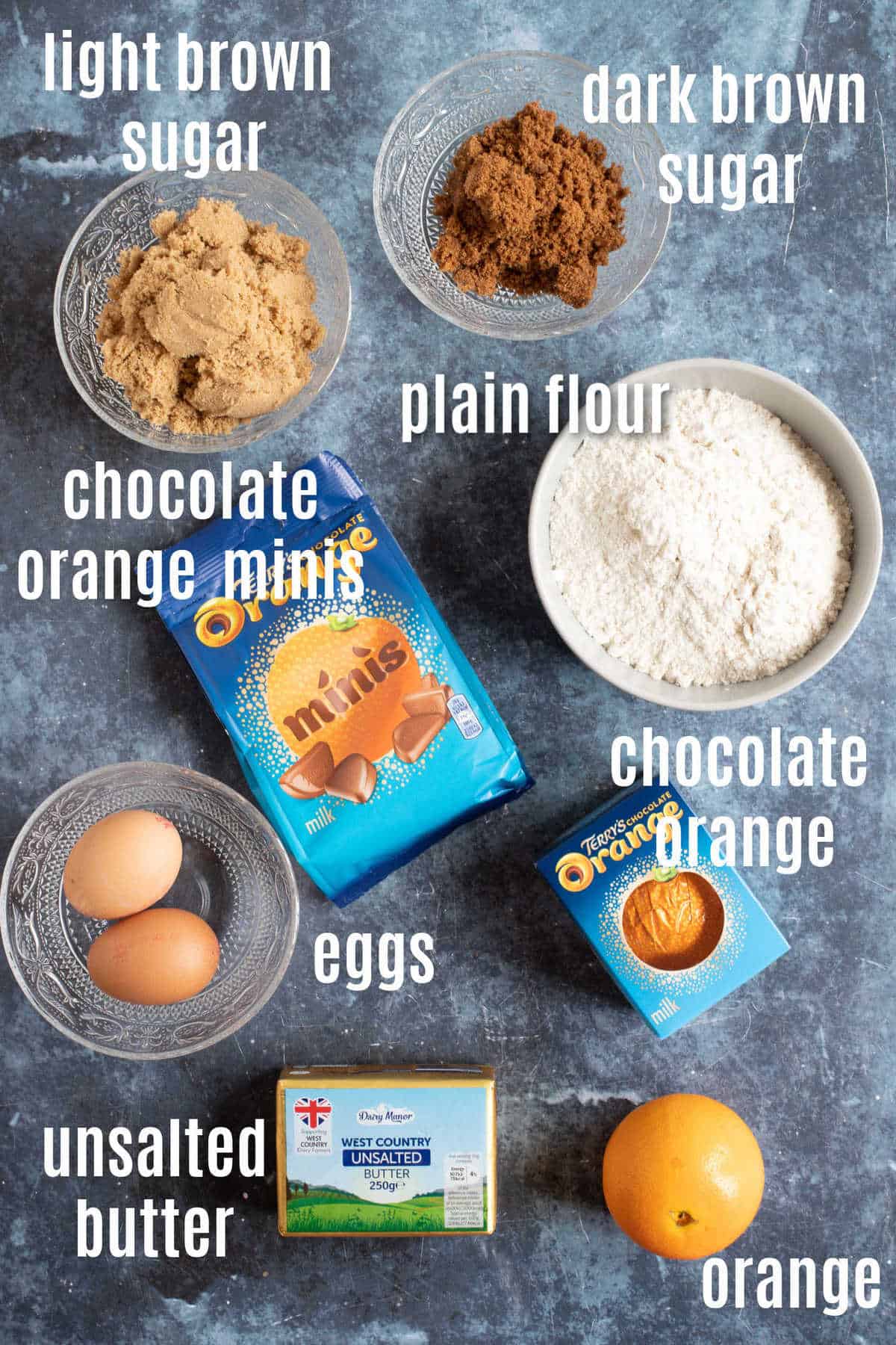 Ingredients needed for chocolate orange cookie bars.