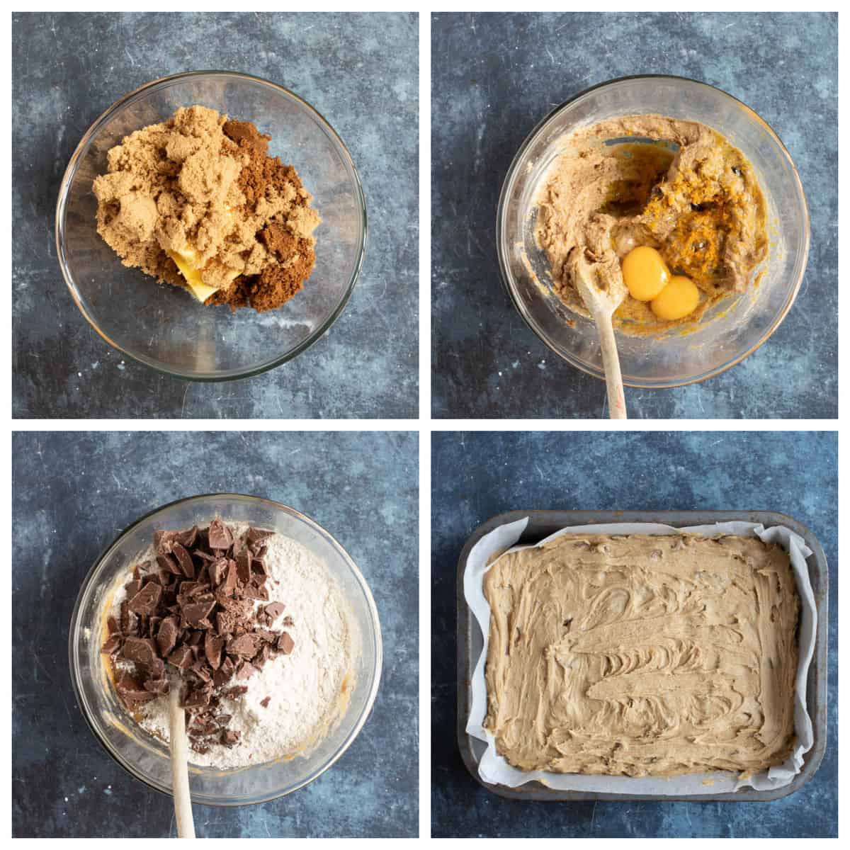 Step by step instructions for making the chocolate orange cookie bars