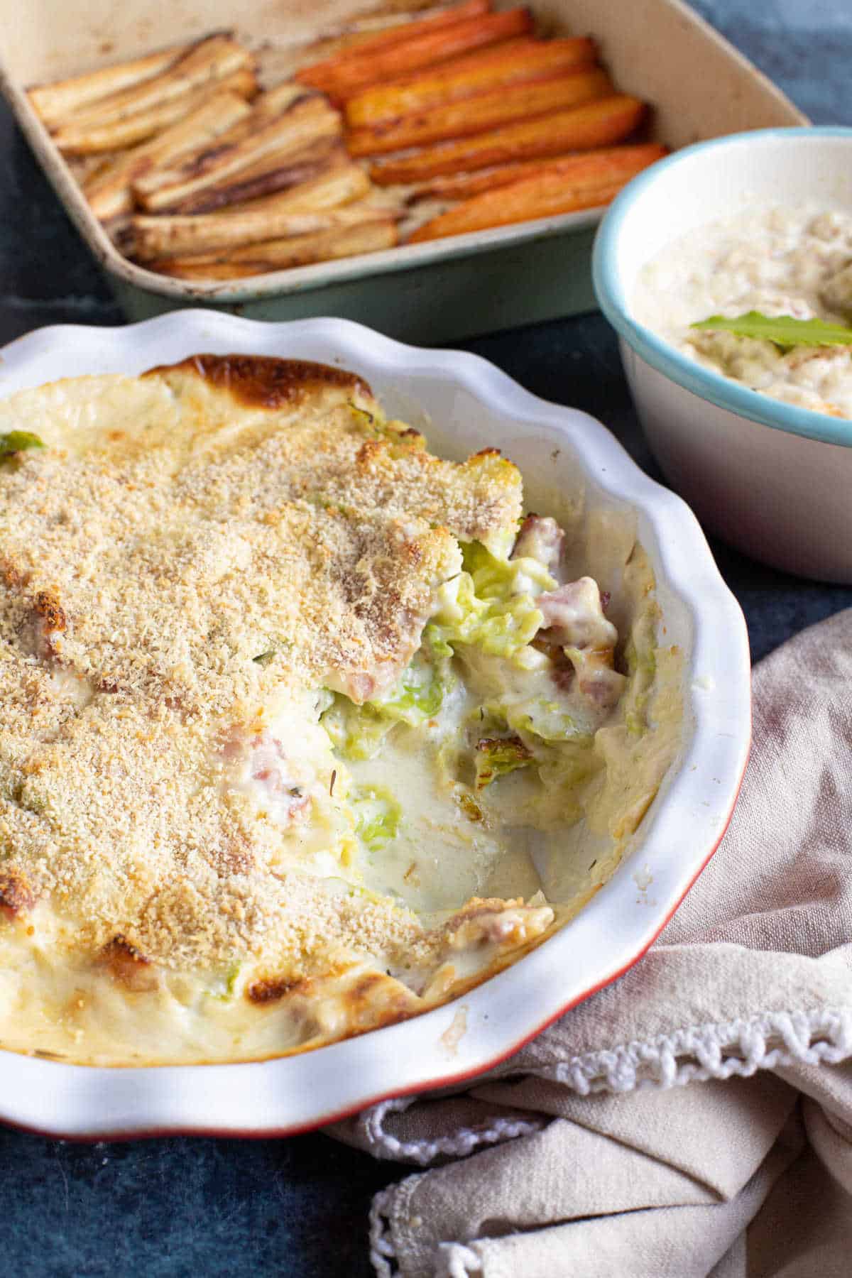 Easy creamed cabbage served as part of a roast dinner.