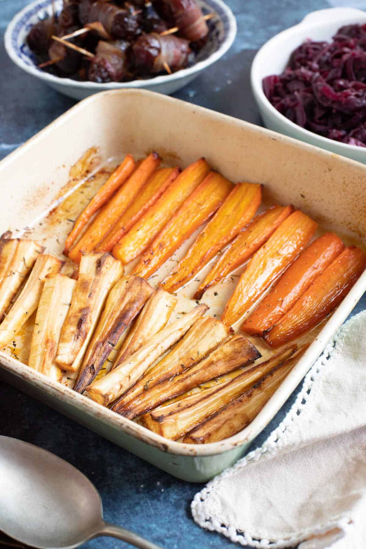 Roasted carrots and parsnips with thyme.