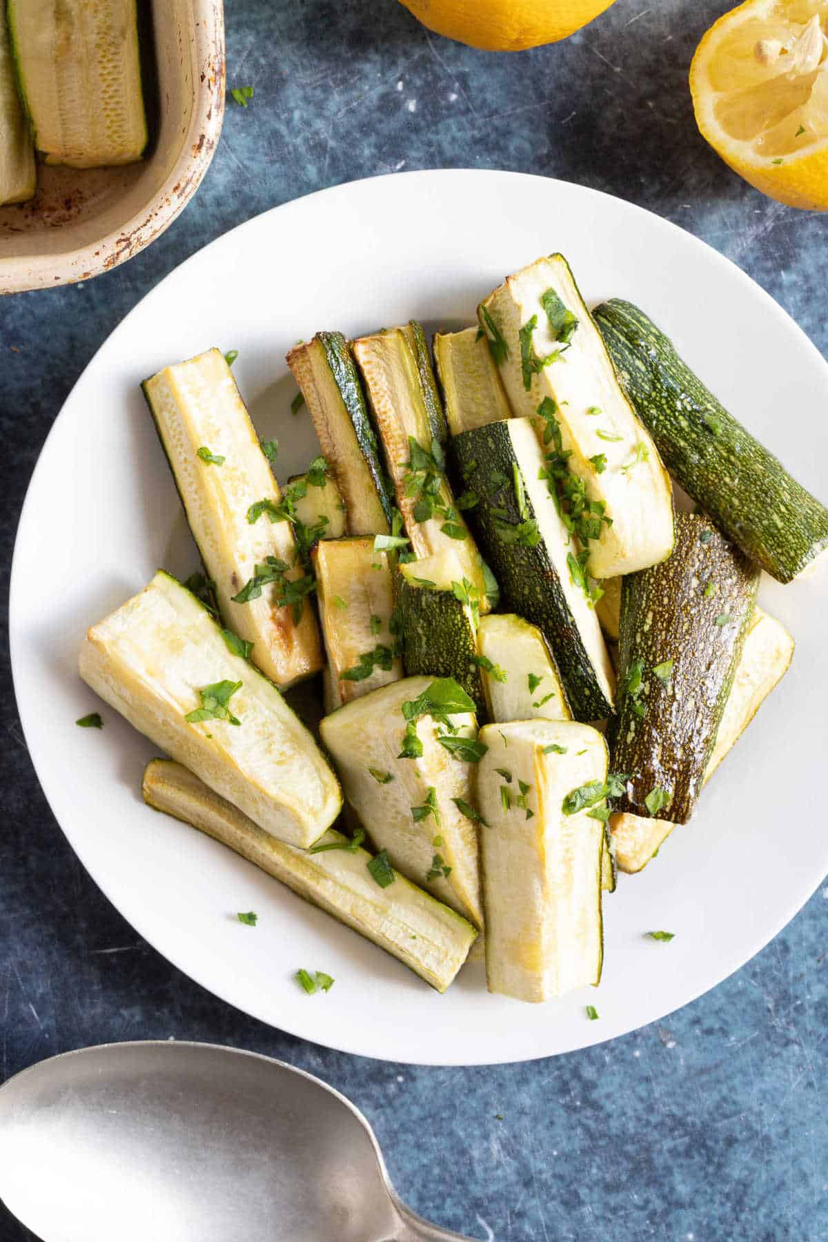 Roast courgettes with lemon and garlic.